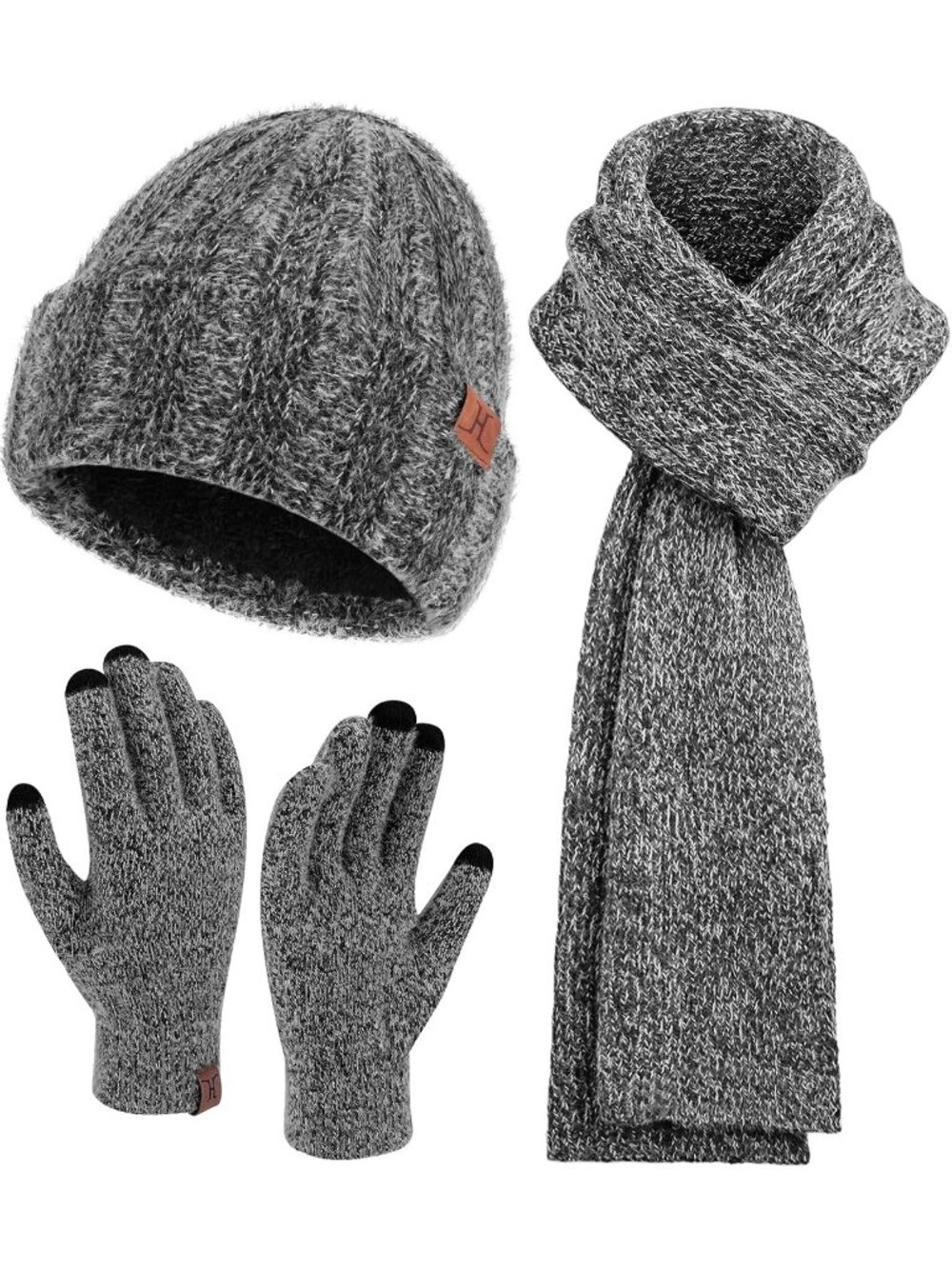 Women's Black Winter Beanie Hat and Scarf Warm Touchscreen Thick Thermal Gloves